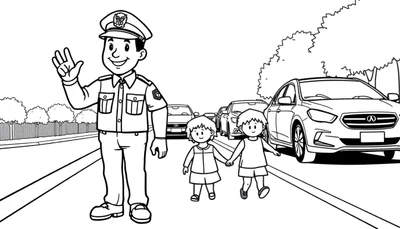 Un policier aide des enfants à traverser la rue en toute sécurité.