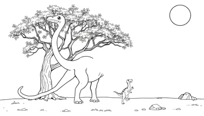 Dessin au trait d'un grand dinosaure au long cou se nourrissant près d'un arbre, avec un plus petit dinosaure à l'avant-plan. Le soleil est visible dans le ciel.