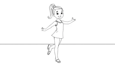 Dessin au trait d'une jeune fille souriante, les bras écartés, dans une robe sans manches et des sandales, avec une queue de cheval haute. Arrière-plan blanc.