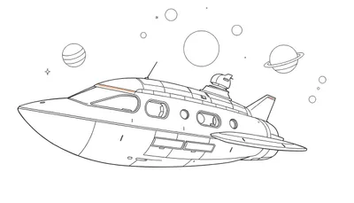 Un vaisseau spatial noir et blanc, comme sur un color panel, entouré d'étoiles et de planètes.