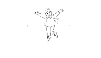 Dessin au trait d'une jeune fille patinant sur la glace, bras écartés en plein saut, avec des flocons de neige autour.