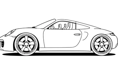 Dessin au trait d'une voiture de sport de profil, intérieur visible, avec une ombre.