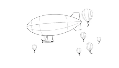 Dirigeable et montgolfières dans le ciel, avec un panneau de couleurs.