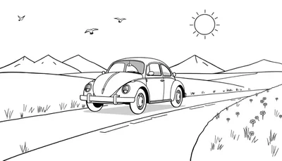 Dessin noir et blanc d'une Coccinelle sur une route de campagne avec des montagnes et un soleil.