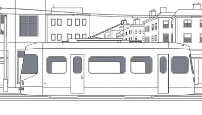 Dessin au trait d'un tramway moderne blanc avec des fenêtres grises sur des rails dans un décor urbain en noir et blanc, suggérant un color panel.