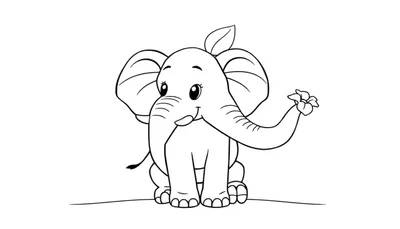 Un éléphant de dessin animé assis avec une fleur dans sa trompe, prêt à être coloré sur un color panel.