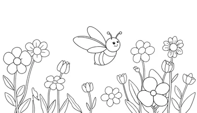 Dessin au trait d'une abeille joyeuse volant dans un champ de marguerites et de tulipes avec des feuilles vertes sur fond blanc.