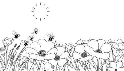 Un dessin au trait d'un champ ensoleillé avec des fleurs, des herbes et des abeilles volantes. Panneau de coloriage.