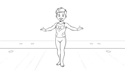 Un jeune garçon aux cheveux coiffés, souriant, bras tendus pour une accolade, portant un maillot de corps et des leggings décorés de cercles.