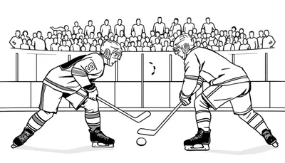 Deux joueurs de hockey sur glace se disputant le palet, avec une foule en arrière-plan.