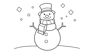 Bonhomme de neige noir et blanc avec chapeau, écharpe et carotte comme nez, entouré de flocons de neige.