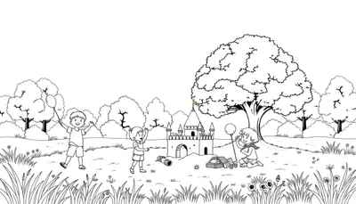 Page de coloriage: enfants jouant dans un parc avec un château de sable.