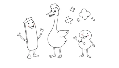 Dessin au trait de trois personnages de dessins animés: une pilule joyeuse, une oie souriante et le chiffre trois souriant, avec un nuage et des signes plus.