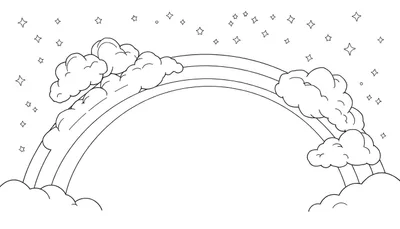 Un dessin au trait noir et blanc d'un arc-en-ciel avec des nuages et des étoiles, prêt à être coloré.