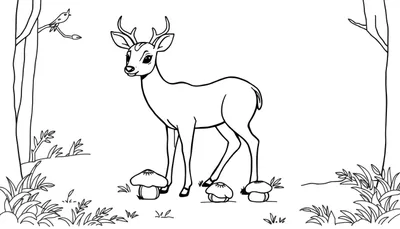 Dessin en noir et blanc d'un cerf dans une forêt, destiné à être une assiette de coloriage.