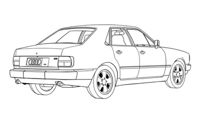 Dessin au trait simple d'une berline Audi classique, vue de trois quarts arrière, prête à être colorée sur un tableau de coloriage.