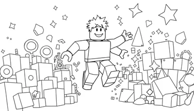 Personnage d'avatar Roblox avec un visage souriant et des bras ouverts, entouré de formes géométriques sur une page à colorier.