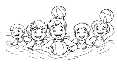 Cinq garçons souriants jouant dans l'eau avec des ballons, illustration en noir et blanc pour un color panel.