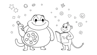 Deux personnages de dessins animés, un grand et rond avec un bouton sur le ventre, et un petit singe tenant un livre, entourés de symboles joyeux, dans un color panel pour enfants.