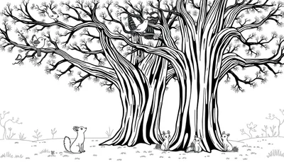 Un dessin au trait d'une forĂȘt avec des arbres, des oiseaux et de petits animaux, comme un color panel.