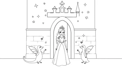Illustration de livre de coloriage d'une princesse devant un château avec des dragons amis et des étoiles.