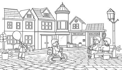 Dessin au trait d'une rue de ville avec des bâtiments de style Lego, des personnages Lego et un lampadaire, avec un color panel.