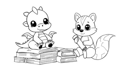 Petit dragon chibi et écureuil chibi lisant des livres, color panel