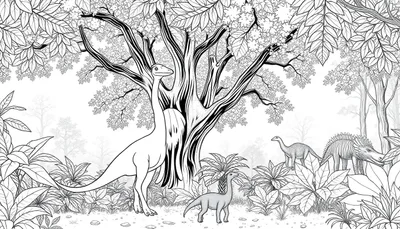 Un dessin au trait en noir et blanc d'un paysage préhistorique avec des dinosaures.