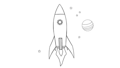 Dessin au trait d'une fusée color panel, d'étoiles et d'une planète.