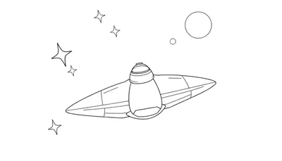 Un vaisseau spatial dessiné au trait dans l'espace avec des étoiles et des planètes.