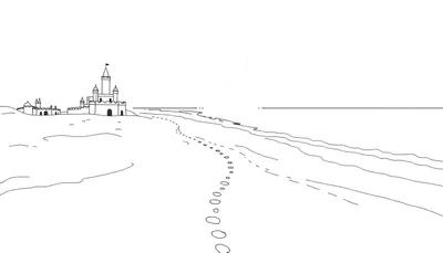 Dessin d'un château sur une dune avec une plage et la mer.