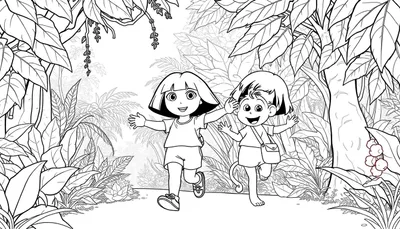 Dora l'Exploratrice et Babouche le singe courent dans une jungle dense. Dora sourit, Babouche porte une sacoche. Le dessin est en noir et blanc, parfait pour un color panel.
