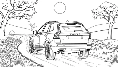 Dessin au trait d'une Volvo sur une route de campagne, avec des arbres en forme de cœur.