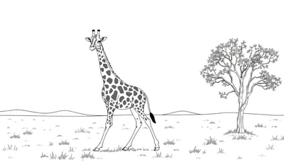 Dessin au trait d'une girafe dans la savane, avec un arbre et des collines en arrière-plan, prêt pour le coloriage.