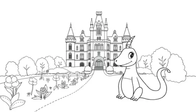Un château de conte de fées avec un dragon de dessin animé, style page à colorier, color panel.