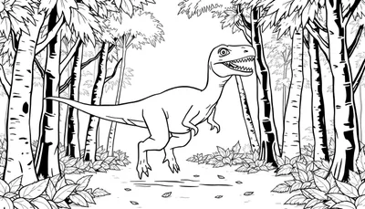 Un dinosaure T-Rex colorable dans une forêt dessinée au trait.