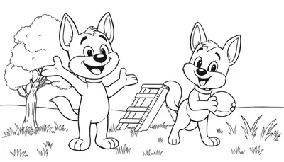 Deux chiots anthropomorphes joyeux jouant dans un parc.