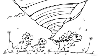 Une plaque couleur montrant trois dinosaures cartoon courant à l'approche d'une tornade.
