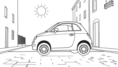 Une Fiat 500 rouge garée dans une rue pavée ensoleillée, avec des bâtiments des deux côtés.