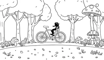 Un cycliste sur un chemin forestier entouré de champignons et d'arbres.