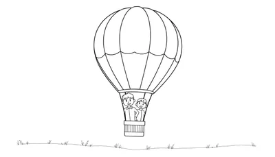 Dessin au trait d'une montgolfière avec des rayures bleues et jaunes, transportant deux personnes souriantes dans un panier, survolant une plaine herbeuse. Le style est simple et rappelle un color panel.