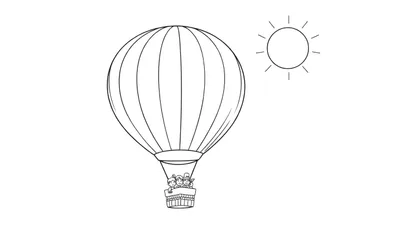 Montgolfière et soleil, avec des panneaux colorés.