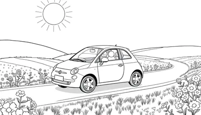 Une voiture citadine compacte rouge se déplace sur une route sinueuse bordée de champs fleuris sous un ciel bleu et ensoleillé.