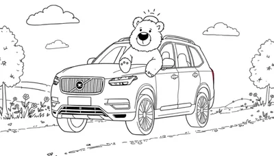 Dessin d'un ours en peluche portant un chapeau et assis dans une Volvo XC90, regardant par la fenêtre, dans un color panel.