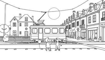 Dessin d'une rue de ville avec un tramway et des enfants qui jouent, un soleil rond et une créature souriante.