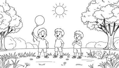 Trois garçons jouant au ballon dans un parc ensoleillé, avec des arbres et des fleurs en arrière-plan, un joyeux color panel pour enfants.