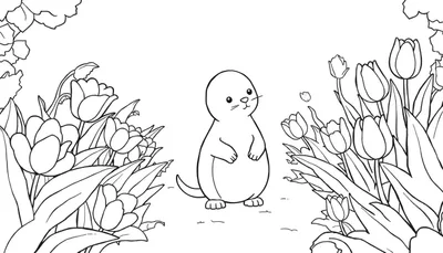 Dessin en noir et blanc d'une créature ressemblant à une loutre entourée de tulipes, comme un panel de coloriage.