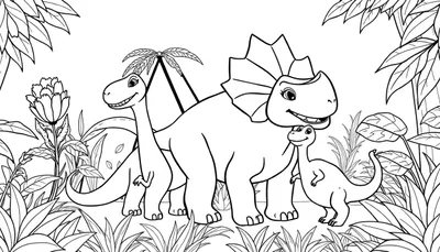 Un dessin au trait d'un groupe de dinosaures souriants dans une jungle, prêt pour le coloriage.