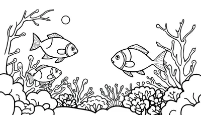 Dessin au trait d'un monde sous-marin avec des poissons nageant parmi des coraux et des algues, avec un cercle dans le coin supérieur gauche, ressemblant à une bulle ou au soleil, et une touche de color panel.