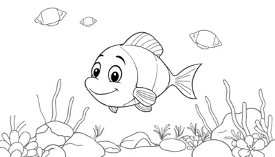 Un poisson de dessin animé mignon aux grands yeux nageant au-dessus du fond marin avec des bulles et des plantes aquatiques.